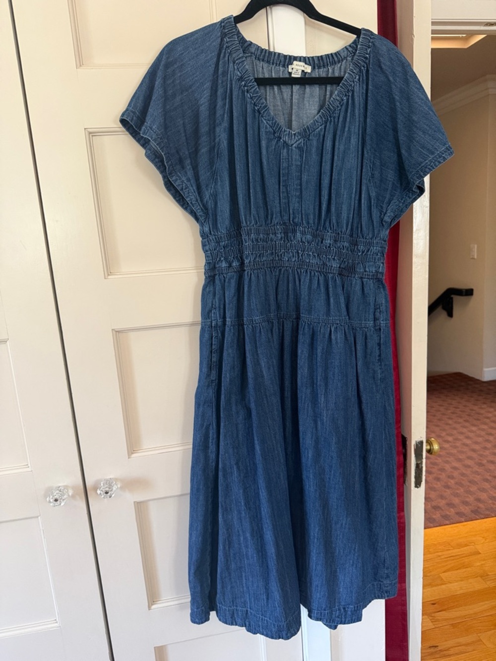 Smocked Waist Denim Blue Midi Dress with pockets